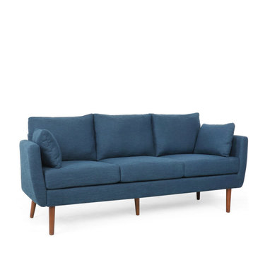 Contemporary Sofa, Walnut Wooden Legs & Polyester Seat With Pillows, Navy Blue