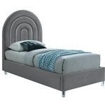 Meridian Furniture - Rainbow Velvet Upholstered Bed, Gray, Twin - There's a lot to fall in love with when it comes to this Rainbow twin-size velvet bed. This stunning bed is fit for an MVP with its rich grey velvet upholstery covering the headboard, side rails and foot board. This bed rests on thick white acrylic legs for added support and features deep channeled tufting on the headboard for a textural look that's dramatic and elegant all at once.