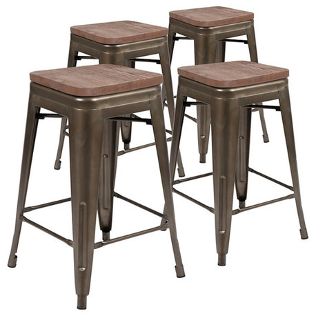 Flash Set of 4 24" Counter-Height/Wood Seat, Gun Gray