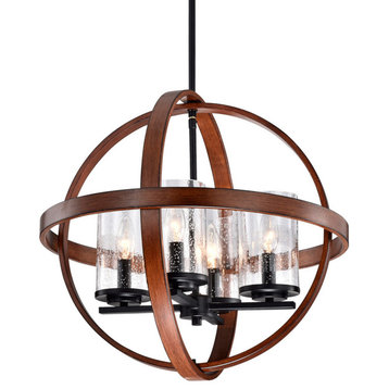 4-Light Black and Wood Finish Globe Pendant Chandelier With Seedy Glass Shades