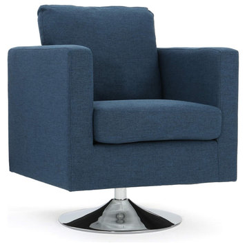 Modern Accent Chair, Swivel Design With Chrome Base & Padded Seat, Navy Blue