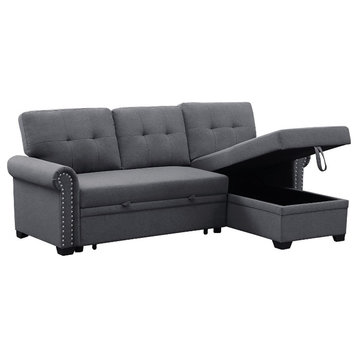 Pemberly Row Reversible Fabric Sleeper Sofa with Storage Chaise in Dark Gray