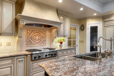 Inspiration for a large timeless u-shaped dark wood floor and brown floor open concept kitchen remodel in San Francisco with a double-bowl sink, raised-panel cabinets, white cabinets, granite countertops, white backsplash, ceramic backsplash, stainless steel appliances, an island and gray countertops