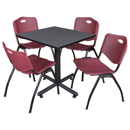 Kobe 30" Square Breakroom Table- Grey & 4 'M' Stack Chairs- Burgundy