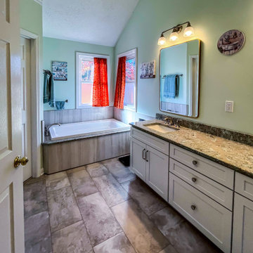 Primary Bathroom with Custom Corian and Tiled Shower, Tiled Tub Surround