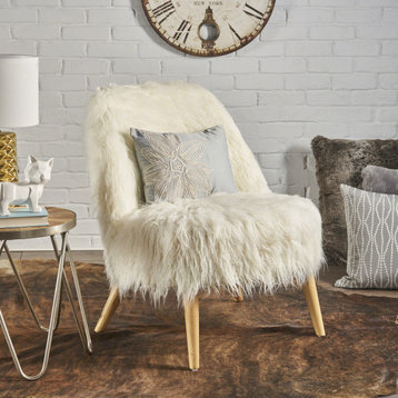 GDF Studio Soho Shaggy Faux Fur Accent Chair, White/Natural