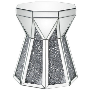 Multiple Faceted Mirrored End Table With Faux Diamonds, Silver