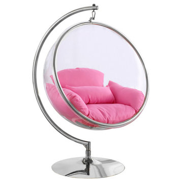 Luna Metal Acrylic Swing Bubble Accent Chair With Stand, Pink, Chrome Base