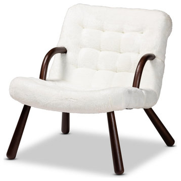 Modern Contemporary White Sherpa Upholstered Walnut Brown Finished Accent Chair