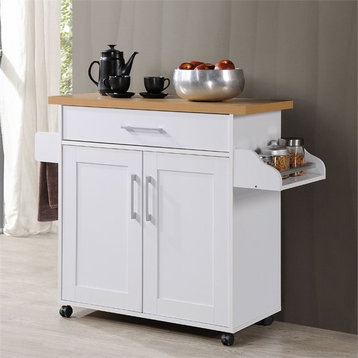 Hodedah Kitchen Island with Spice Rack plus Towel Holder in White Wood