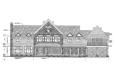 Inspiration for a large timeless white three-story stone gable roof remodel in DC Metro