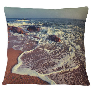 Foaming Waves Kissing Wide Beach Seashore Throw Pillow, 16"x16"