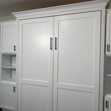 Custom Vertical Queen Murphy Bed with Side Shelving and Storage Cabinets