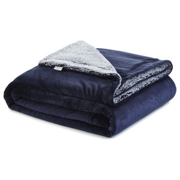 Amarey Flannel Reversible Sherpa Throw Blanket, Navy, 90"x90"