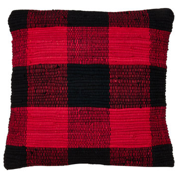 Woven Chindi Buffalo Plaid Down Filled Throw Pillow, 18"x18", Red