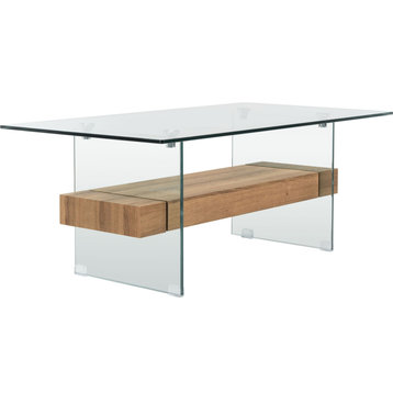Kayley Coffee Table, Glass, Natural Brown Wood Shelf
