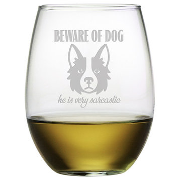 Beware of Sarcastic Dog Stemless Wine Glasses, Set of 4