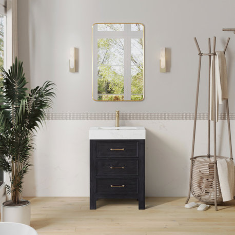 Leon Bath Vanity With Composite Stone Top, Fir Wood Black, 24", No Mirror