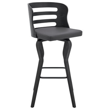 Verne 30" Swivel Gray Faux Leather and Black Wood Bar Stool