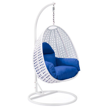 LeisureMod White Wicker Hanging Egg Chair With Stand and Cushion, Blue