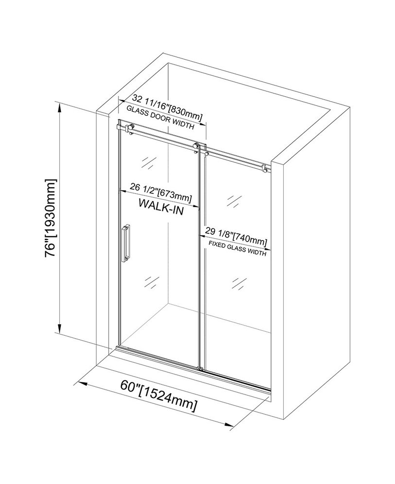 WoodBridge 56-60"Wx76"H Frameless Sliding Shower Door, Brushed Nickel