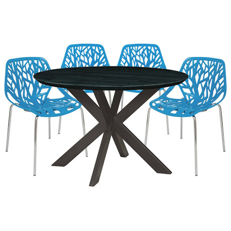 Leisuremod Ravenna 5-Piece Dining Set, Table With Geometric Base, Blue