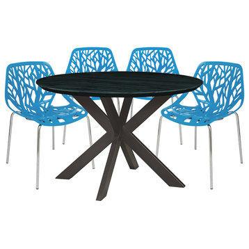 Leisuremod Ravenna 5-Piece Dining Set, Table With Geometric Base, Blue