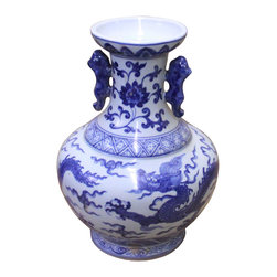 Chinese Blue White Porcelain Oriental Dragons Scenery Graphic Vase - Vases