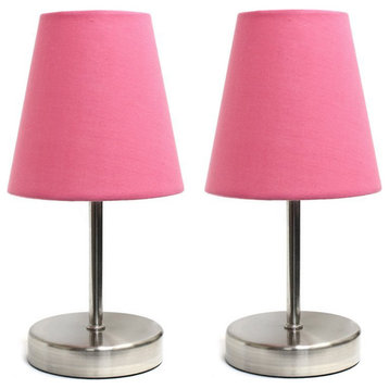 Simple Designs Metal Basic Table Lamp 2 Pack in Sand Nickel with Pink Shade