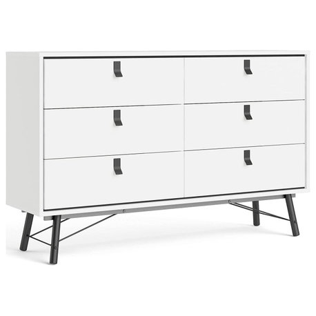 Contemporary Dresser, Unique Metal Base With 6 Storage Drawers, White Finish