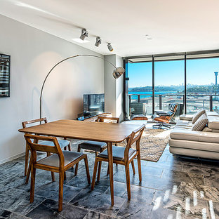 ホバートのコンテンポラリースタイルのLDKの画像 (グレーの壁、暖炉なし)