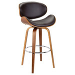 Armen Living - Armen Living Solvang 26" Mid-Century Swivel Counter Height Barstool in Brown Fau - Armen Living Solvang 26" Mid-Century Swivel Counter Height Barstool in Brown Faux Leather with Walnut Wood The Armen Living Solvang mid-century barstool would make a wonderful addition to your home. The modern design is an inspiration for stability, structure, and splendor. This piece is unique and eye-catching that can elevate any style home. This modern barstool features a sturdy walnut wood frame and 360-degree swivel function for exceptional mobility. Though ideal for the kitchen, the Solvang is a perfect fit for any contemporary household. Kitchen or bar, the Solvang's style and versatility allow it to function in just about any room of the house. The foundation of the product is supported with sturdy materials and stylish aesthetic without comprising practicality and functionality of this item. It takes a brilliant design to support such an elegant stool, which entails a perfect sense of balance and functionality. The Solvang mid-century dining accent chair can transform your bar area into an ultra-modern inviting corner. This product ships in one box with an easy and quick set up. We stand by the quality, the craftsmanship, and the integrity of our product by offering a 1-year warranty for all our products.