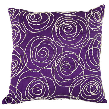 Benzara BM200590 Faux Silk Cotton Pillow with Pearl Beads, Purple and Silver