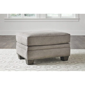 Traditional Ottoman, Cushioned Seat With Nailhead Trim Accent, Steel Gray
