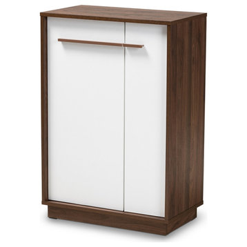 Mid-Century 2-Tone White & Walnut Finished 5-Shelf Wood Enter way Shoe Cabinet