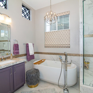 75 Beautiful Marble Tile Bathroom With Purple Cabinets Pictures