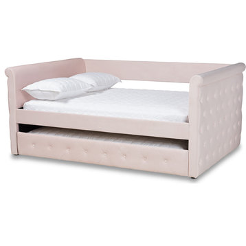Amaya Velvet Daybed with Trundle - Light Pink, Queen