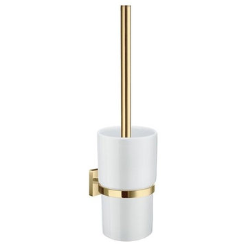 House - Toilet Brush With Porcelain Container, Polished Brass Laqured