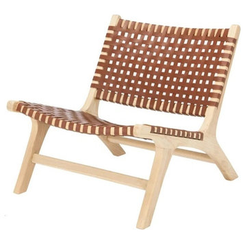 Contemporary Accent Chair, Sungkai Wooden Frame With Woven Leather Seat, Natural