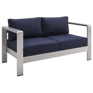 Modway Shore Fabric & Aluminum Outdoor Patio Loveseat in Silver & Navy