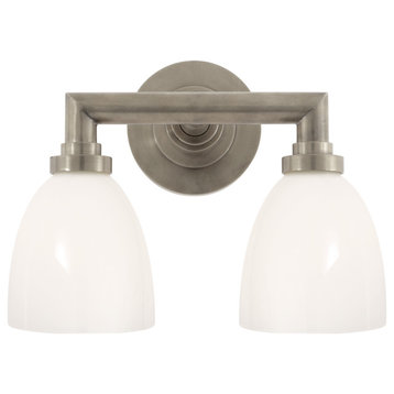 Wilton Double Bath Light in Antique Nickel with White Glass