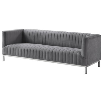 Jordan Velvet Tuxedo Sofa With Stainless Steel Legs, Gray/Chrome