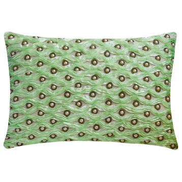 Green Linen 12"x20" Lumbar Pillow Cover Ribbon and Pearl Embroidery Mint Ripple