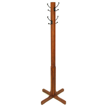 Wooden Coat Stand With X Frame Base And Metal Hooks, Oak Brown