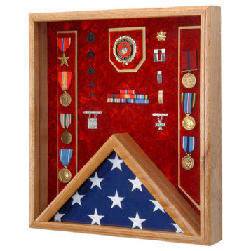 18" X 20" Solid Oak Military Flag Award and Medal Display Case, USMC Emblem