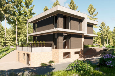 Идея дизайна: трехэтажный частный загородный дом среднего размера в современном стиле с плоской крышей