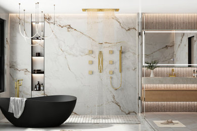 Bathroom - modern master single-sink bathroom idea in Boston with open cabinets, light wood cabinets, an integrated sink, marble countertops, white countertops and a floating vanity