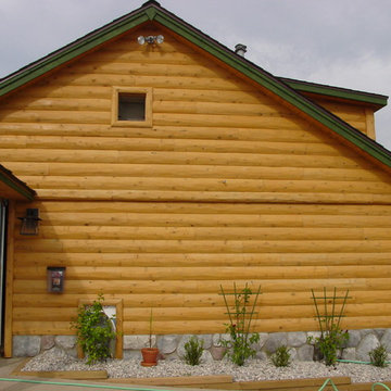 Commercial building with hewn half log siding