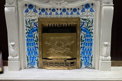 De Morgan Peacock Fireplace: Turquoise Peacocks with Jugendstil Flowers
