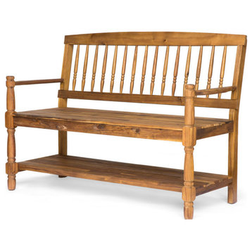 GDF Studio Cody Outdoor Acacia Wood Bench With Shelf, Teak Finish